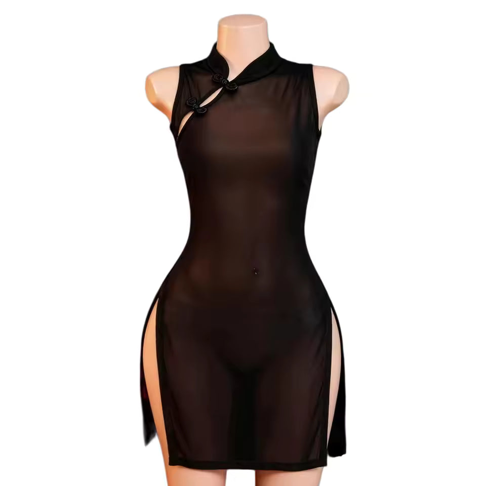 Mesh Sexy Lingerie See-through Cheongsam Style Split Dress Female Exotic Dresses