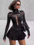 Women's Sexy Bodysuit Y2K High Neck Bodycon Circle Cutout Front & Lace-up Mesh Sleeve Stretchy Edggy Clubwear Streetwear