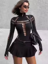 Women's Sexy Bodysuit Y2K High Neck Bodycon Circle Cutout Front & Lace-up Mesh Sleeve Stretchy Edggy Clubwear Streetwear