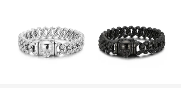 STAINLESS STEEL SILVER AND BLACK SKULL BRACELET